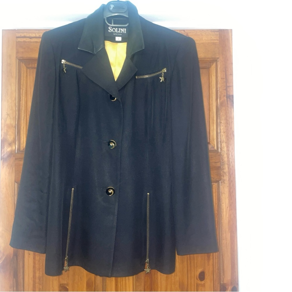 Vtg SOLINI Black W/ Gold Zipper Stars Military Blazer Jacket Leather Lapel Sz 4